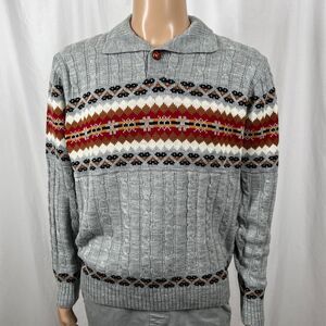 Vintage 80s JCPenney Men's XL Gray Brown Fair Isle Cable Knit Collared Sweater